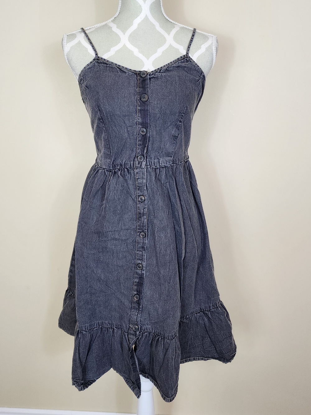 Charcoal Wash Button Front Cotton Dress with Ruffle Hem Size Small Faded Black